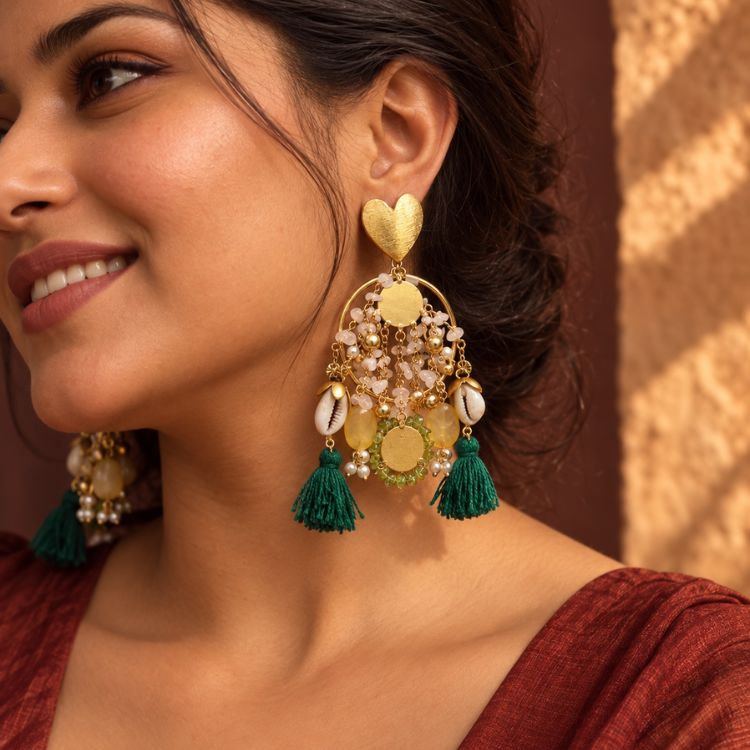 Boho Gold Heart & Cowrie Shell Tassel Earrings