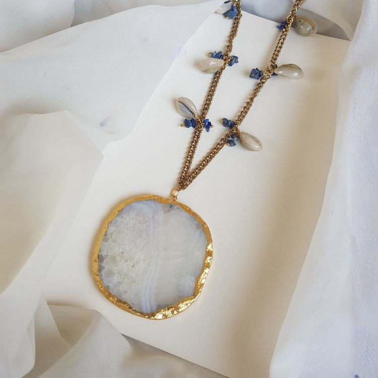 Purple Agate Pendant Long Necklace