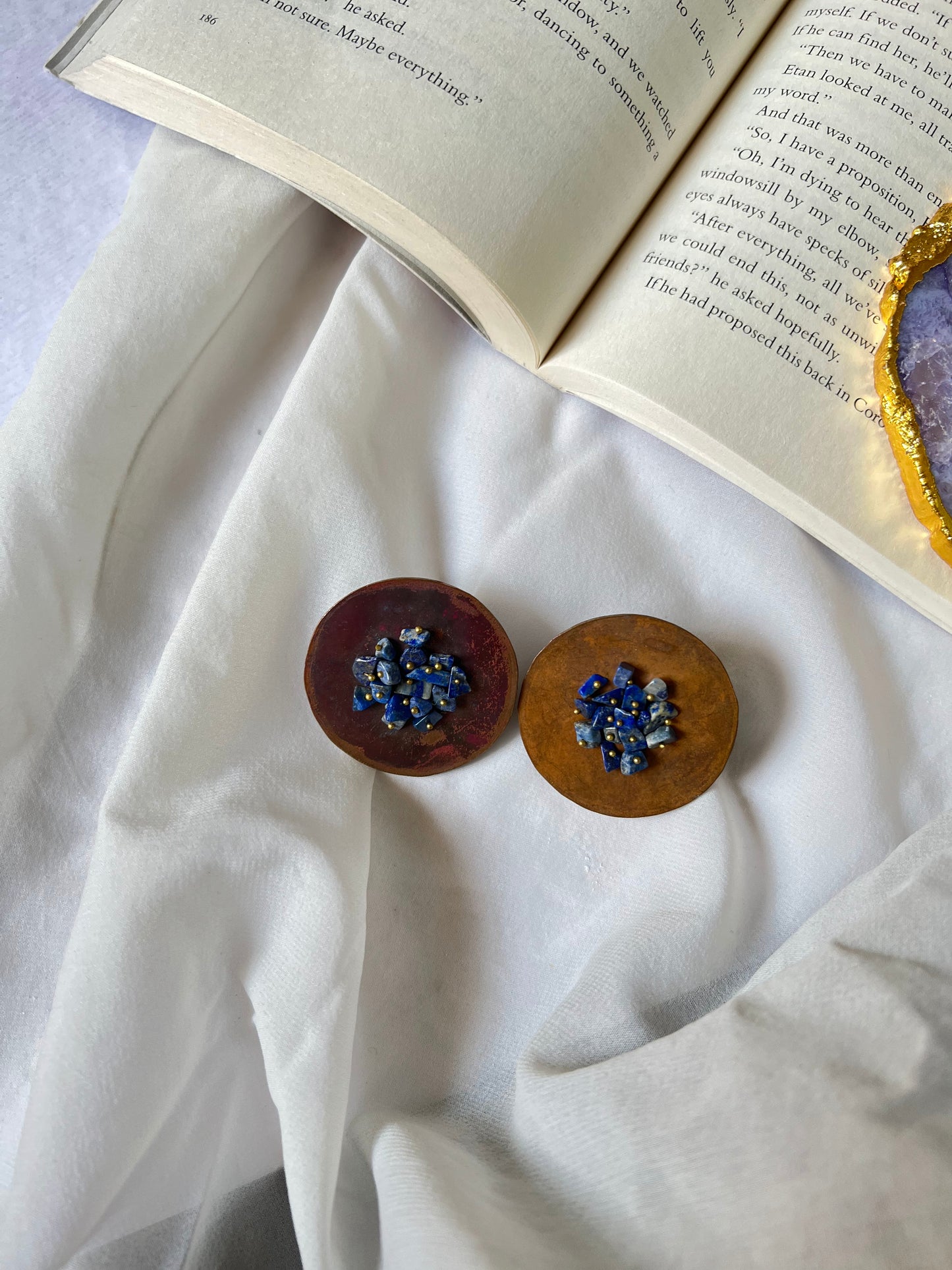 Blue Lapis Bronze Disc Earrings