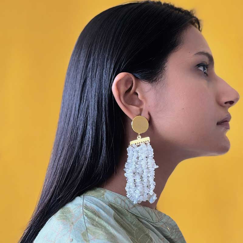 White Flakes Dangler Long Earrings