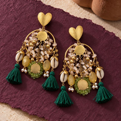 Boho Gold Heart & Cowrie Shell Tassel Earrings