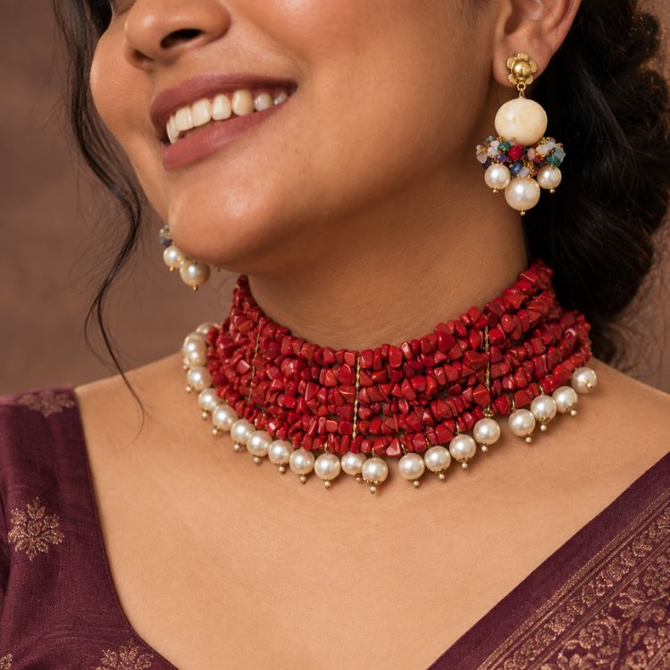 Red Coral Pearl Cascade Set