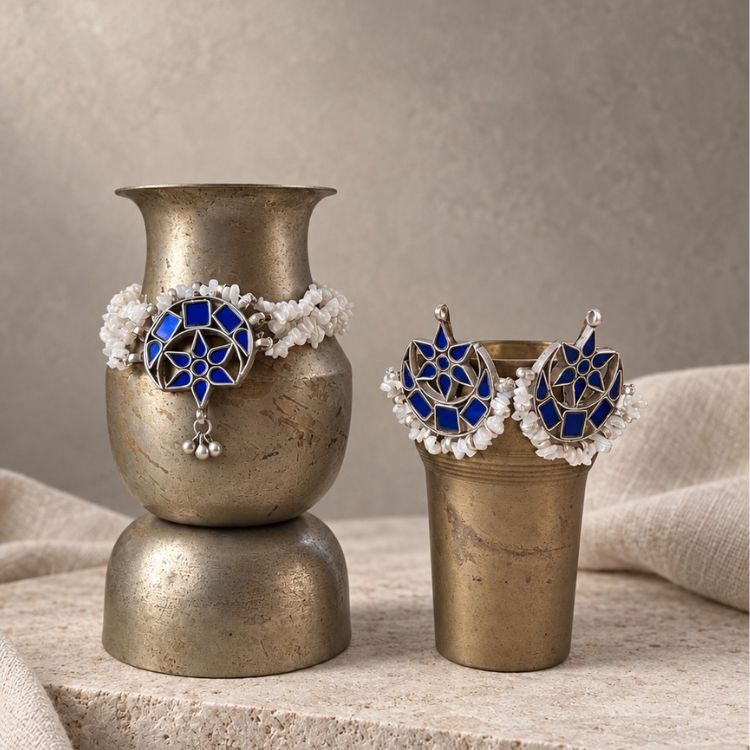 Royal Blue Chand Mirror Work White Moonstone Choker Set with Earrings
