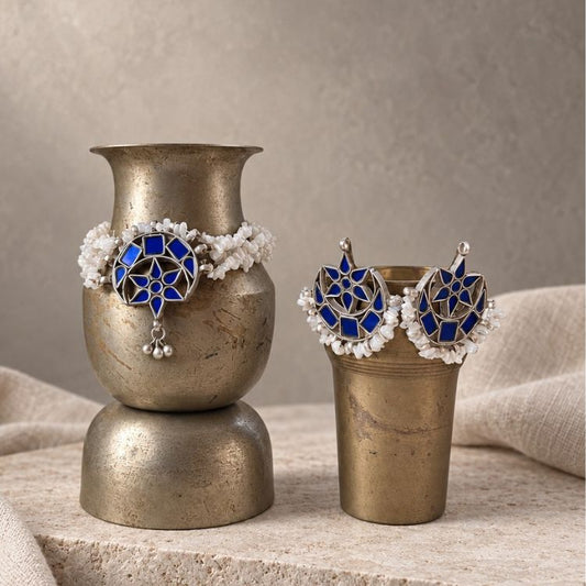 Royal Blue Chand Mirror Work White Moonstone Choker Set with Earrings