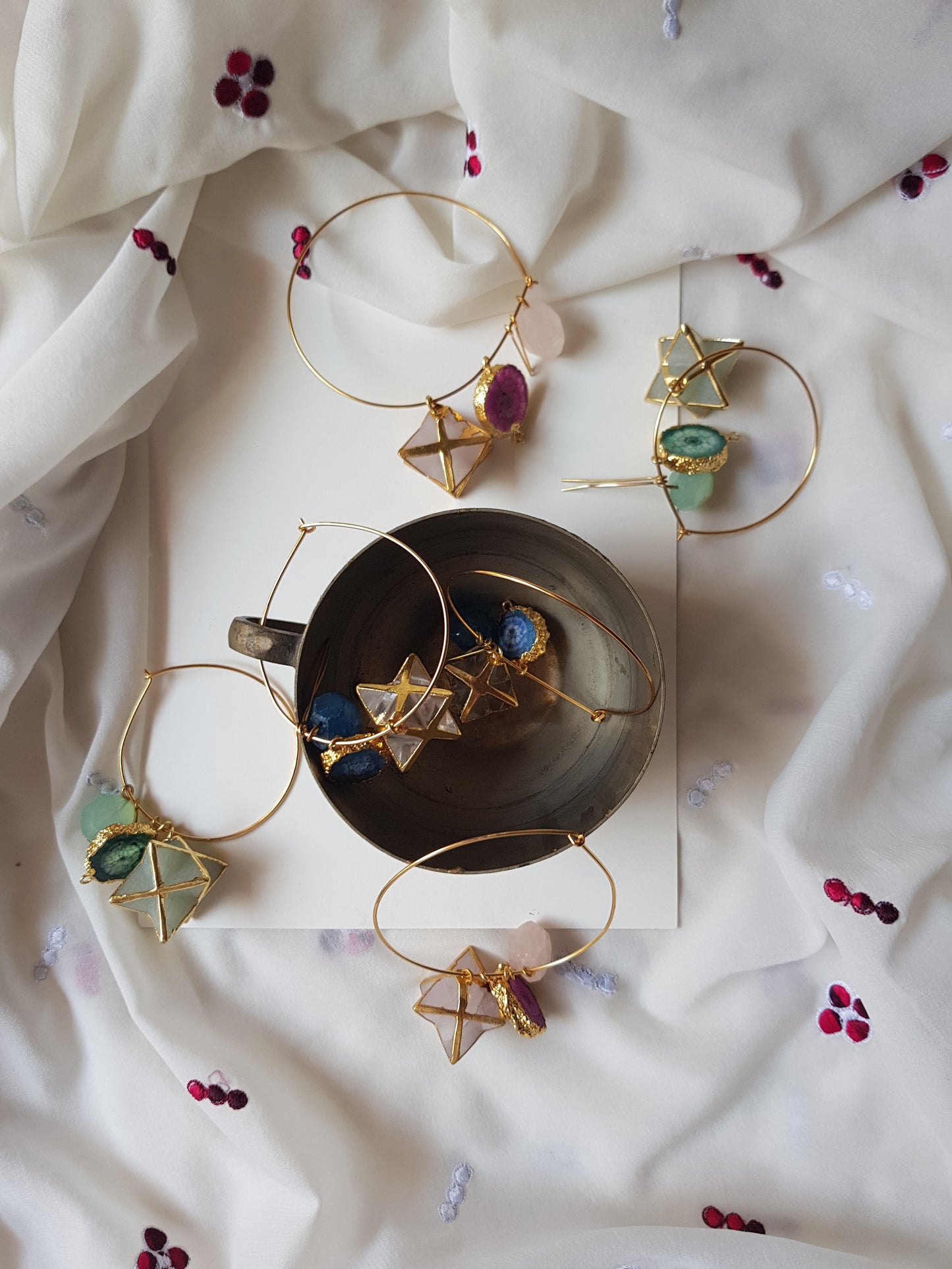 Natural Stone Charm Hoop Earrings