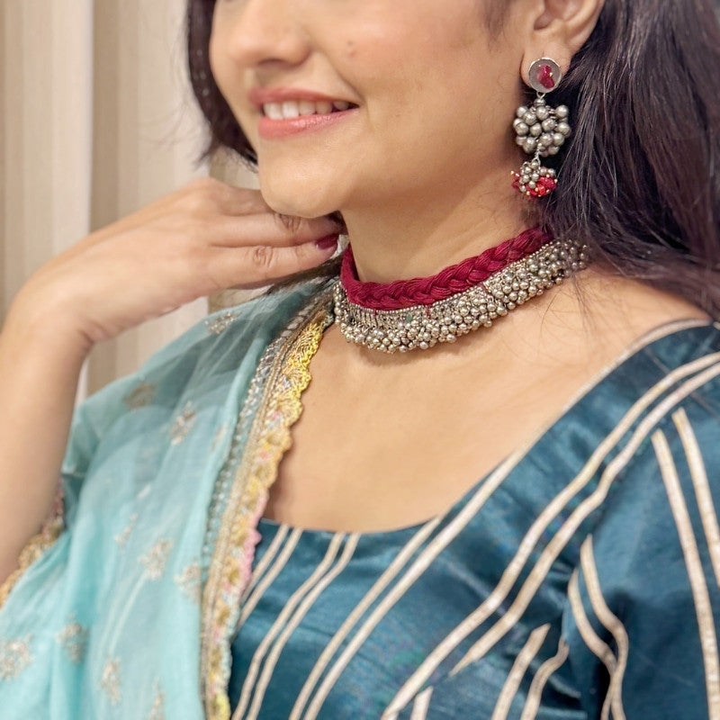 Red Leher Jhumki Set