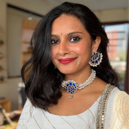 Royal Blue Chand Mirror Work White Moonstone Choker Set with Earrings