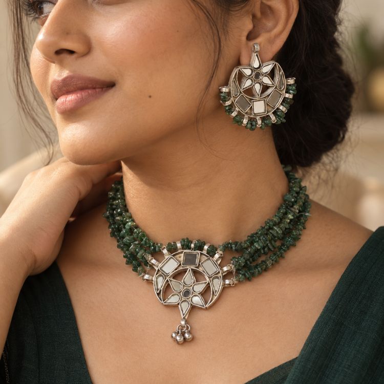 Forest Green Chand Mirror Choker Set with Earrings