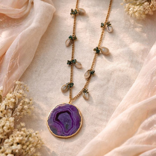 Purple Agate Pendant Long Necklace