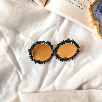Black Stone Gold Disc Earrings