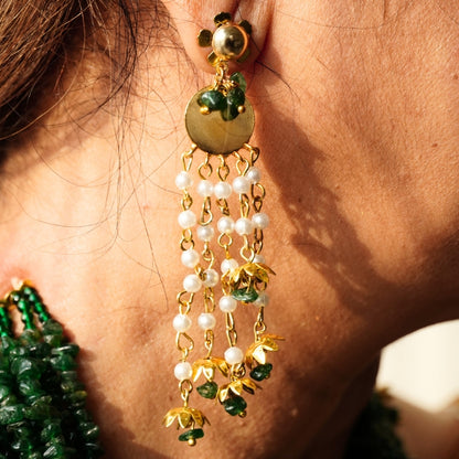 Grand Dark Green Layer Necklace Set with Floral Dangler Earrings