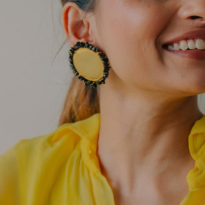 Black Stone Gold Disc Earrings