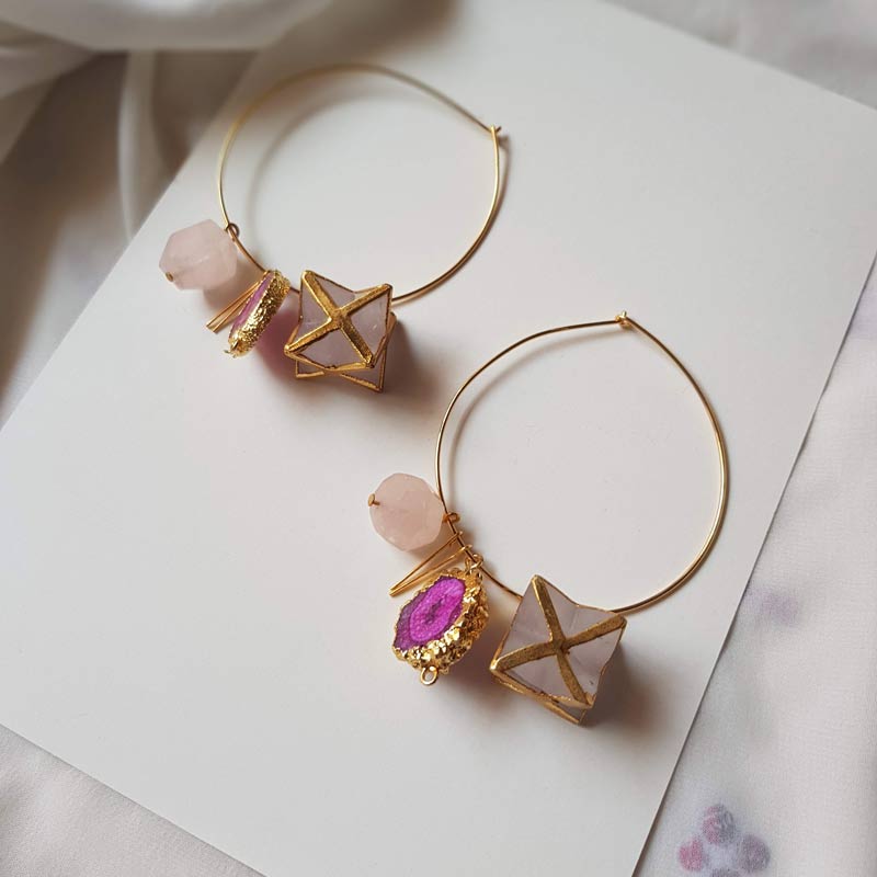 Natural Stone Charm Hoop Earrings