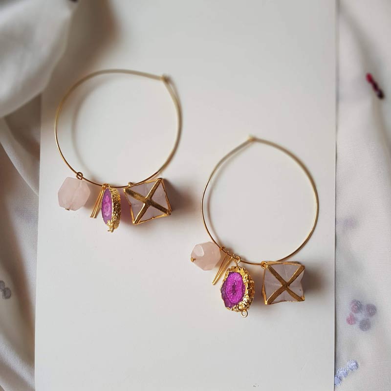 Natural Stone Charm Hoop Earrings