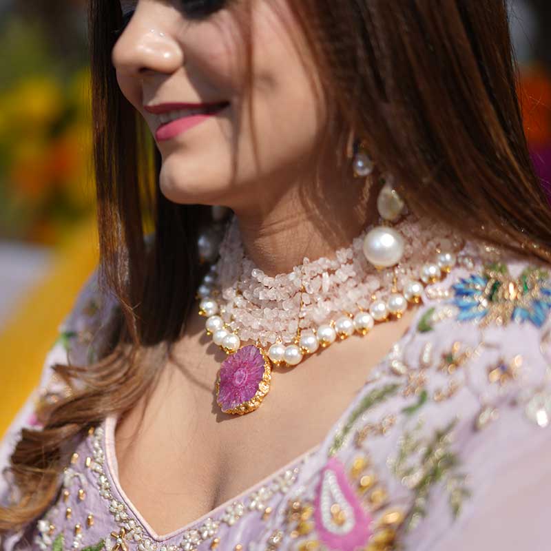 Naina Rose Quartz Pink Majestic Set With Colorful Stones Danglers Earrings