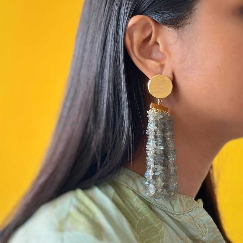 Glitter Dangler Long Grey Earrings