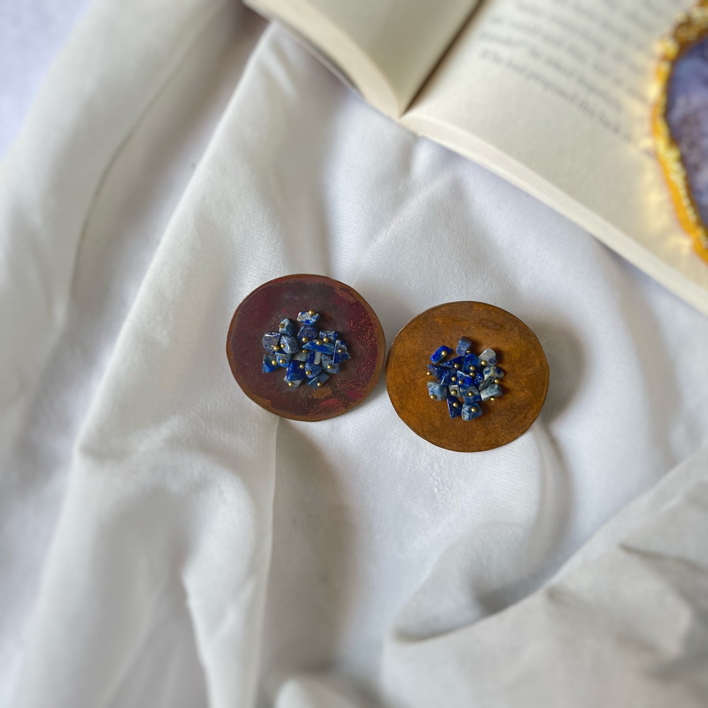 Blue Lapis Bronze Disc Earrings