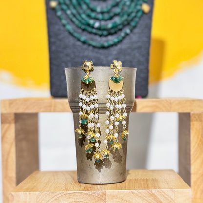 Grand Dark Green Layer Necklace Set with Floral Dangler Earrings