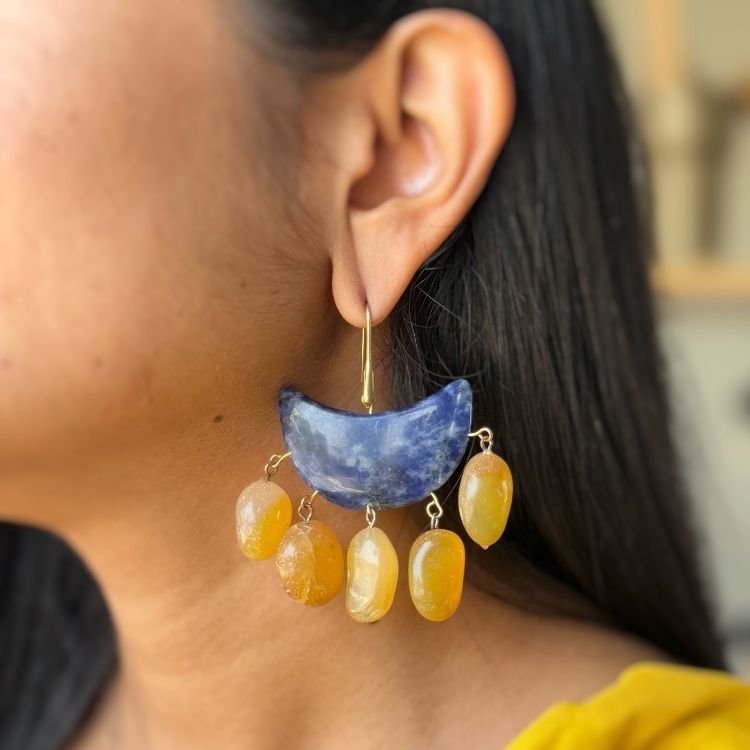Chand Si Ruchi Earrings-Royal Blue Yellow Stones Danglers