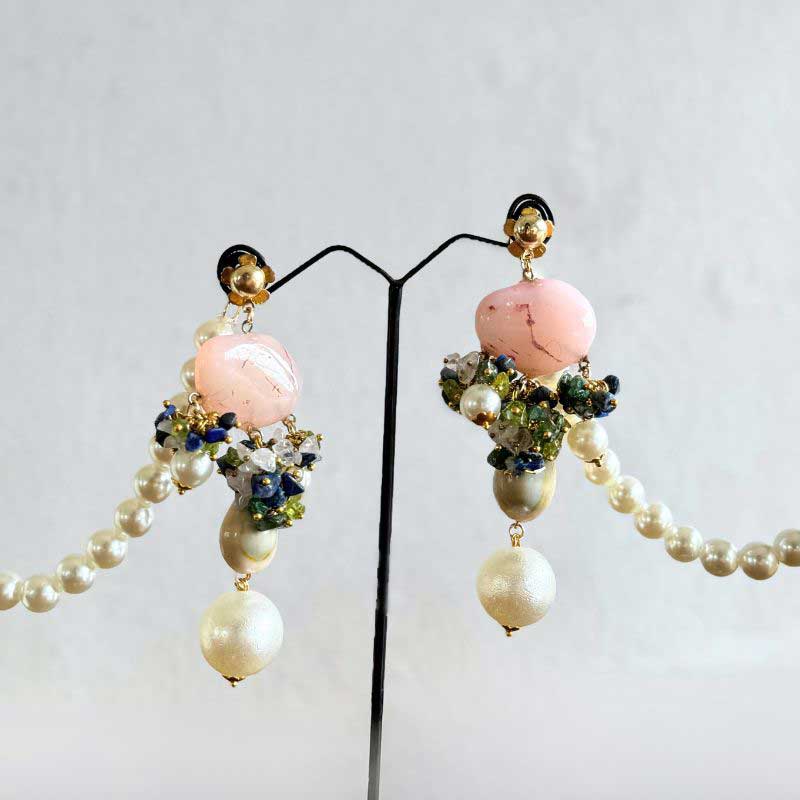 Naina Rose Quartz Pink Majestic Set With Colorful Stones Danglers Earrings