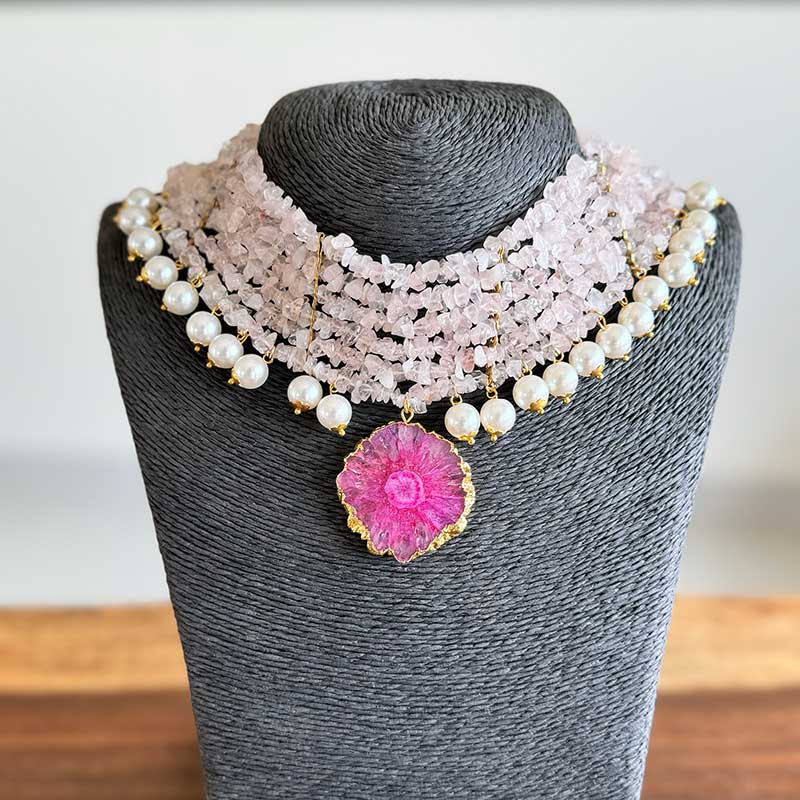 Naina Rose Quartz Pink Majestic Set With Colorful Stones Danglers Earrings