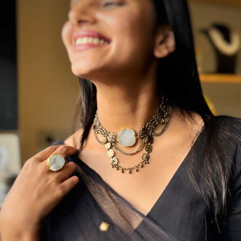 Antique Hues White Stone Choker & Ring Set